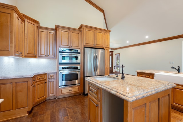 261 Peninsula Dr, Hot Springs, AR 71901 - kitchen featuring appliances with stainless steel finishes, a sink, brown cabinets, light stone countertops, and ornamental molding
