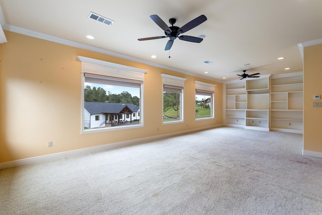261 Peninsula Dr, Hot Springs, AR 71901 - unfurnished living room with crown molding, light colored carpet, recessed lighting, ceiling fan, and baseboards