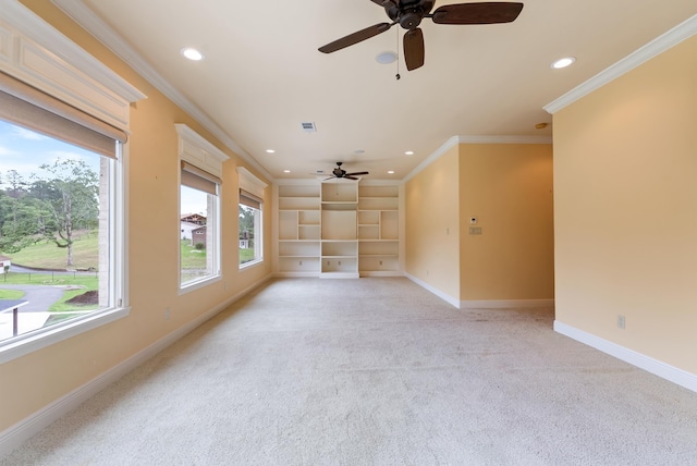 261 Peninsula Dr, Hot Springs, AR 71901 - unfurnished living room featuring recessed lighting, a ceiling fan, baseboards, light carpet, and built in shelves