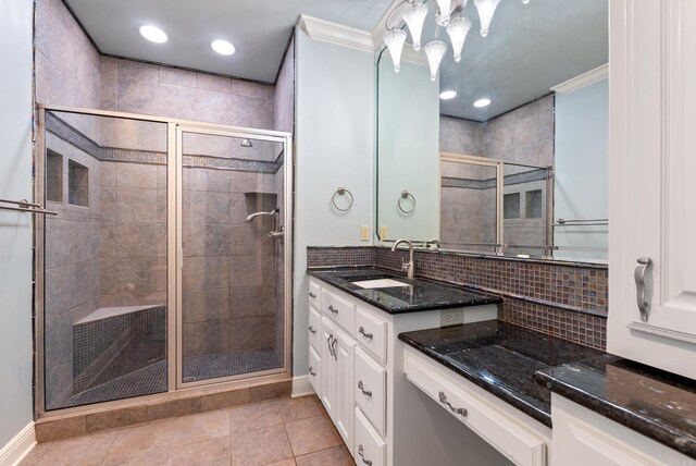 261 Peninsula Dr, Hot Springs, AR 71901 - bathroom with crown molding, vanity, a shower stall, backsplash, and recessed lighting