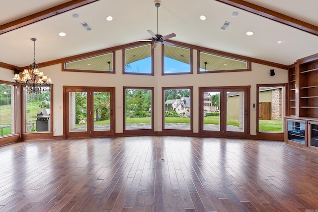 261 Peninsula Dr, Hot Springs, AR 71901 - unfurnished living room featuring a chandelier, beam ceiling, hardwood / wood-style floors, a ceiling fan, and high vaulted ceiling