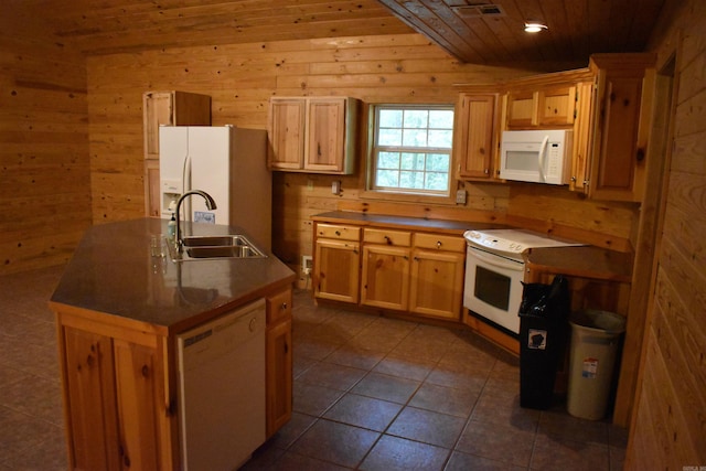 10355 Rodeo Rd, Belleville, AR 72824 - kitchen with white appliances, a sink, wood walls, wooden ceiling, and a kitchen island with sink