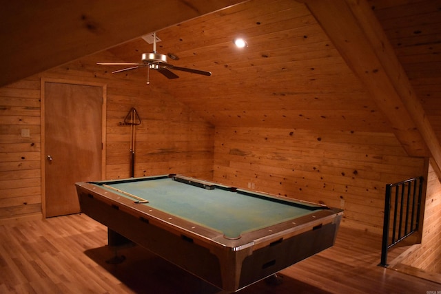 10355 Rodeo Rd, Belleville, AR 72824 - game room with lofted ceiling, ceiling fan, billiards table, wooden walls, and wood finished floors