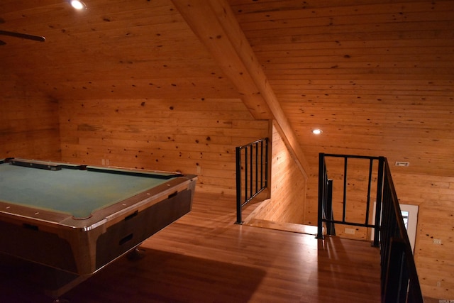 10355 Rodeo Rd, Belleville, AR 72824 - playroom featuring wood walls, wood finished floors, billiards, and wood ceiling with exposed beams