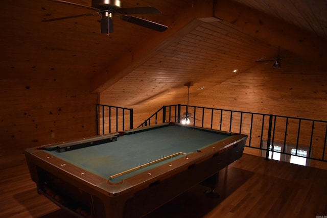 10355 Rodeo Rd, Belleville, AR 72824 - rec room featuring a ceiling fan, wooden ceiling, wood walls, pool table, and wood finished floors