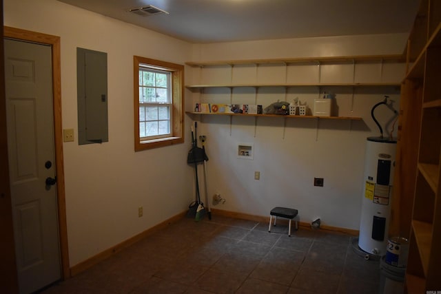 10355 Rodeo Rd, Belleville, AR 72824 - washroom featuring water heater, electric panel, washer hookup, dark tile patterned floors, and baseboards