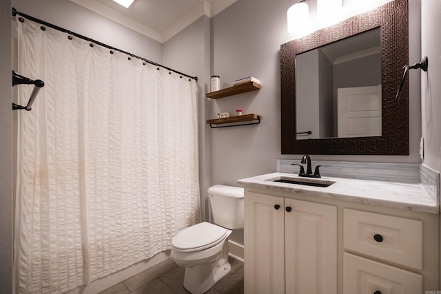 853 Rushing Rd, Little Rock, AR 72210 - bathroom with toilet, vanity, ornamental molding, and tile patterned flooring