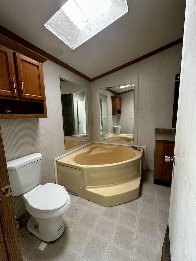 4530 Hwy 8 E, Mena, AR 71953 - bathroom featuring vaulted ceiling, toilet, tile patterned floors, a skylight, and vanity