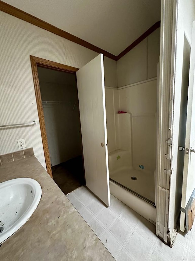 4530 Hwy 8 E, Mena, AR 71953 - bathroom featuring a stall shower, vaulted ceiling, crown molding, vanity, and a walk in closet