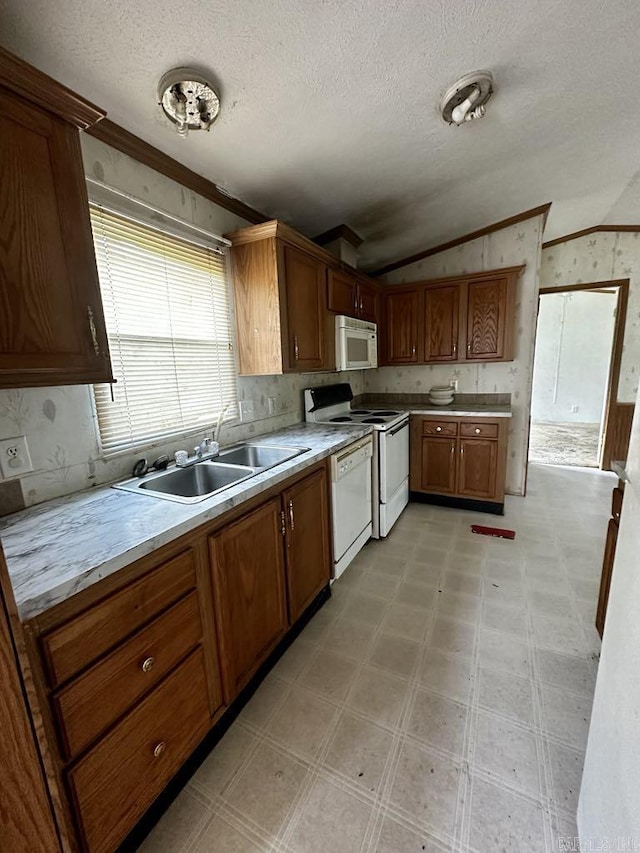 4530 Hwy 8 E, Mena, AR 71953 - kitchen with white appliances, vaulted ceiling, a sink, a textured ceiling, and light countertops