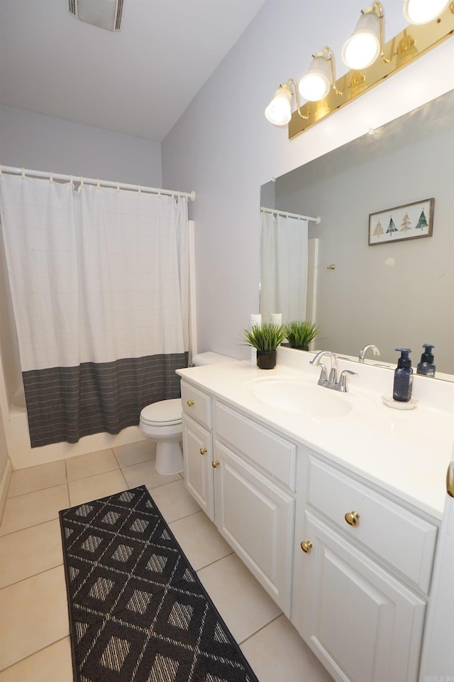 bathroom featuring vanity, toilet, tile patterned flooring, and shower / bathtub combination with curtain