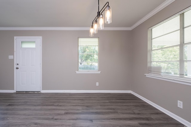 202 Gilbert Dr, Little Rock, AR 72205 - unfurnished dining area with ornamental molding, baseboards, and dark wood-style flooring