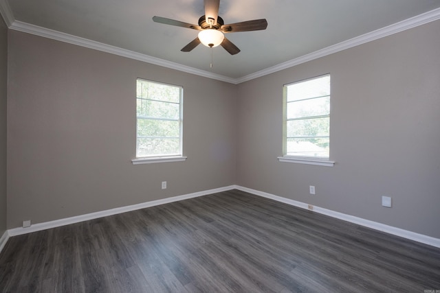 202 Gilbert Dr, Little Rock, AR 72205 - unfurnished room with dark wood-style flooring, ornamental molding, a ceiling fan, and baseboards