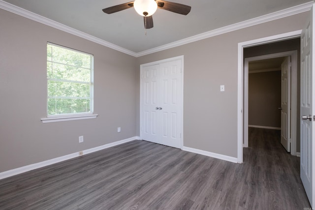 202 Gilbert Dr, Little Rock, AR 72205 - unfurnished bedroom featuring ornamental molding, dark wood-style flooring, baseboards, a closet, and a ceiling fan