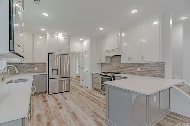 1500 S Church St, Jonesboro, AR 72401 - kitchen featuring stainless steel appliances, a sink, custom range hood, a peninsula, and decorative backsplash