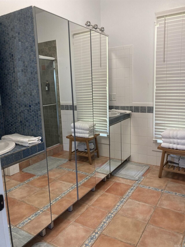 157 E Hawkview Pl, Royal, AR 71968 - bathroom featuring tile walls, a stall shower, tile patterned floors, and wainscoting