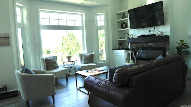 157 E Hawkview Pl, Royal, AR 71968 - living room with wood finished floors, a fireplace, and built in features