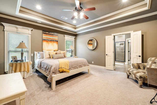 3891 Harrison Rd, Benton, AR 72019 - bedroom featuring a raised ceiling, ornamental molding, light colored carpet, recessed lighting, and baseboards