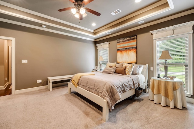 3891 Harrison Rd, Benton, AR 72019 - carpeted bedroom featuring ornamental molding, a raised ceiling, recessed lighting, baseboards, and ceiling fan