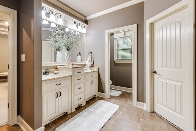 3891 Harrison Rd, Benton, AR 72019 - bathroom featuring vanity, ornamental molding, toilet, tile patterned flooring, and baseboards
