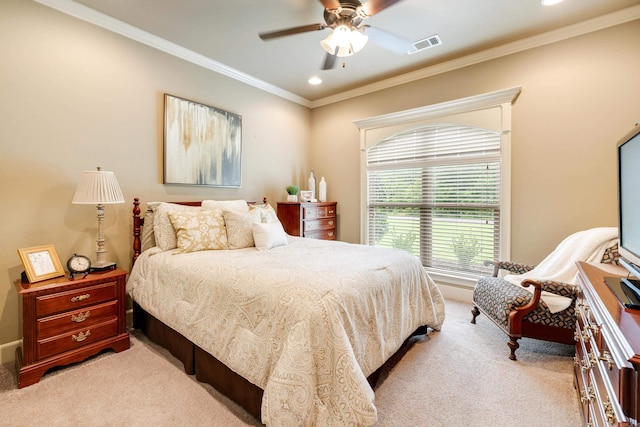 3891 Harrison Rd, Benton, AR 72019 - bedroom featuring light carpet, ornamental molding, recessed lighting, and a ceiling fan