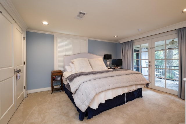 5313 N Grandview St, Little Rock, AR 72207 - bedroom featuring french doors, ornamental molding, access to outside, light colored carpet, and baseboards