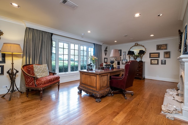 5313 N Grandview St, Little Rock, AR 72207 - office area with baseboards, crown molding, recessed lighting, and wood finished floors