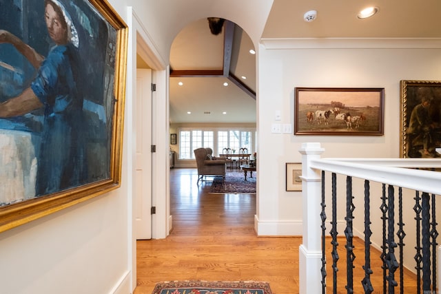 5313 N Grandview St, Little Rock, AR 72207 - hall featuring light wood-style flooring, recessed lighting, arched walkways, and ornamental molding