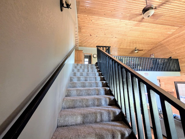 149 Polk Rd Unit 714, Mena, AR 71953 - stairway featuring high vaulted ceiling, wooden ceiling, and ceiling fan