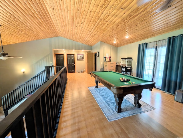 149 Polk Rd Unit 714, Mena, AR 71953 - recreation room with wood ceiling, lofted ceiling, billiards table, wood finished floors, and a ceiling fan