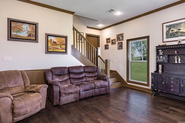 410 Rocky Point Rd, Vilonia, AR 72173 - living area featuring crown molding, wood finished floors, stairs, and recessed lighting