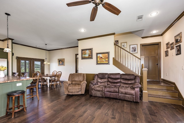 410 Rocky Point Rd, Vilonia, AR 72173 - living area with stairway, dark wood-type flooring, recessed lighting, a ceiling fan, and ornamental molding