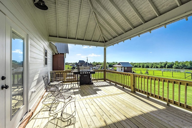 410 Rocky Point Rd, Vilonia, AR 72173 - wooden deck with a lawn and an outbuilding