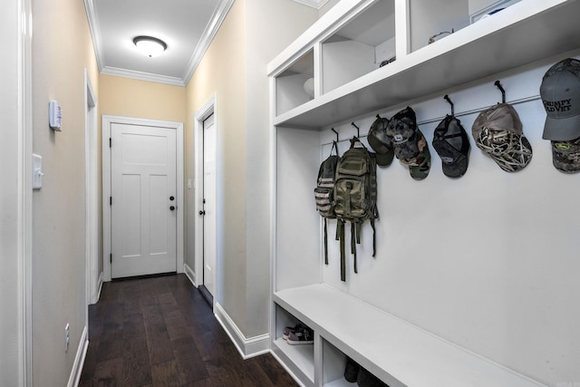 410 Rocky Point Rd, Vilonia, AR 72173 - mudroom with crown molding, dark wood-style flooring, and baseboards