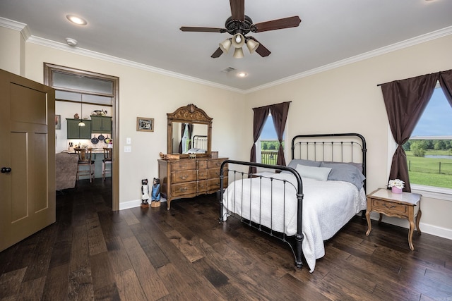 410 Rocky Point Rd, Vilonia, AR 72173 - bedroom with wood finished floors, ornamental molding, baseboards, recessed lighting, and a ceiling fan
