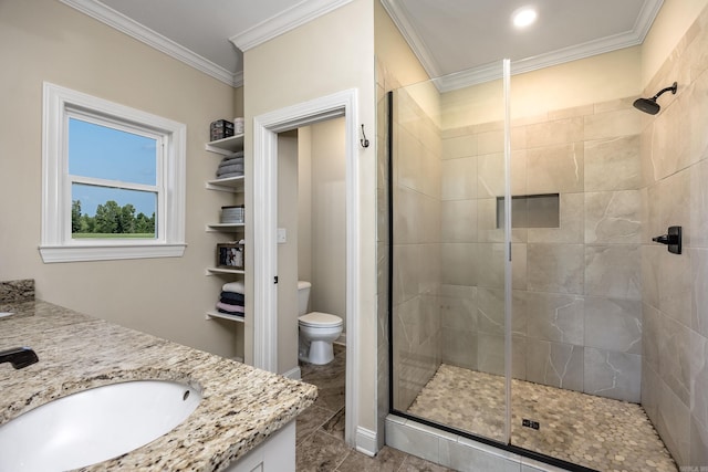 410 Rocky Point Rd, Vilonia, AR 72173 - full bath with a shower stall, double vanity, toilet, and crown molding