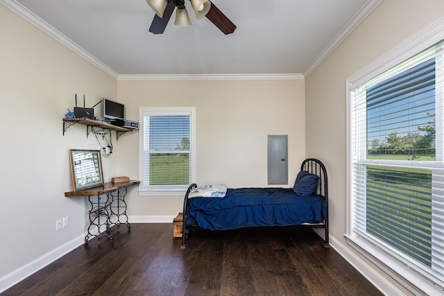 410 Rocky Point Rd, Vilonia, AR 72173 - bedroom with electric panel, ornamental molding, wood finished floors, baseboards, and multiple windows