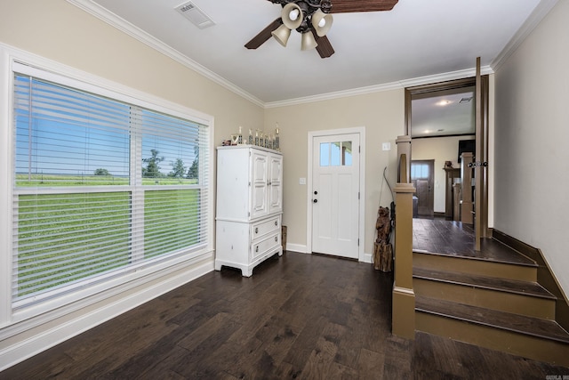 410 Rocky Point Rd, Vilonia, AR 72173 - foyer with ornamental molding, a ceiling fan, dark wood-type flooring, and baseboards