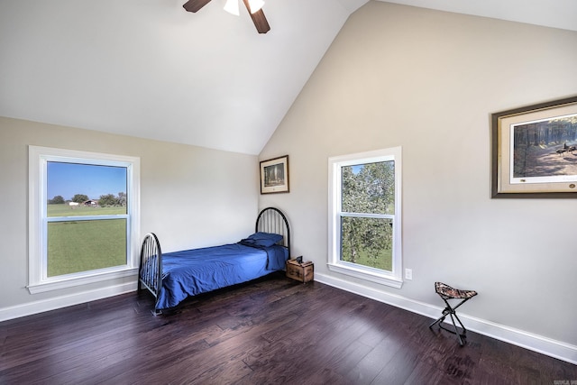410 Rocky Point Rd, Vilonia, AR 72173 - bedroom with vaulted ceiling, baseboards, dark wood-style flooring, and ceiling fan