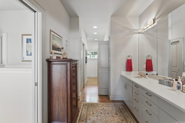 8 River View Pt, Little Rock, AR 72227 - bathroom with vanity, wood finished floors, and recessed lighting
