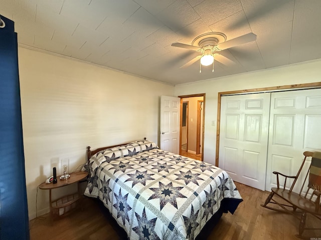 221 N Garfield Ave, Piggott, AR 72454 - bedroom featuring wood finished floors, a closet, and a ceiling fan
