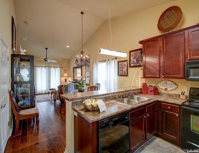 321 Peters Pt, Hot Springs, AR 71913 - kitchen featuring black appliances, a sink, a peninsula, dark brown cabinets, and wood-type flooring