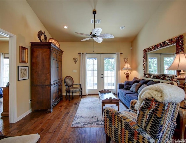 321 Peters Pt, Hot Springs, AR 71913 - living room with vaulted ceiling, french doors, ceiling fan, healthy amount of natural light, and dark wood finished floors
