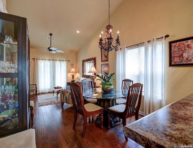 321 Peters Pt, Hot Springs, AR 71913 - dining area featuring a chandelier, dark wood-style flooring, high vaulted ceiling, recessed lighting, and ceiling fan