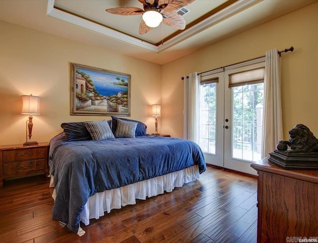 321 Peters Pt, Hot Springs, AR 71913 - bedroom with french doors, access to exterior, a raised ceiling, ornamental molding, and hardwood / wood-style flooring