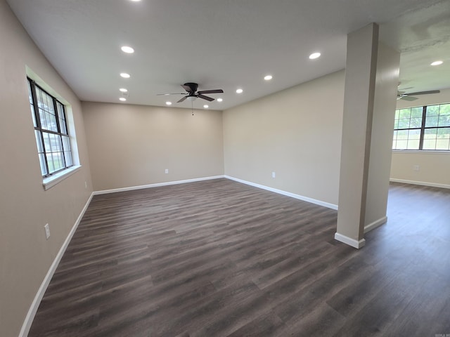311 Ce Brawner Rd, Wynne, AR 72396 - empty room featuring ceiling fan, recessed lighting, baseboards, and dark wood-style flooring