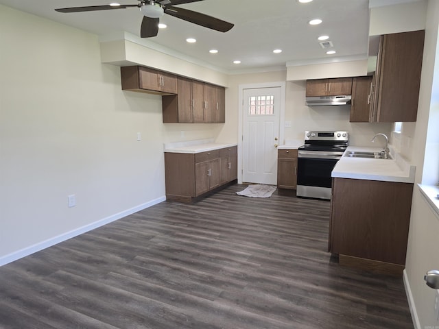 311 Ce Brawner Rd, Wynne, AR 72396 - kitchen featuring stainless steel electric range oven, under cabinet range hood, ceiling fan, a sink, and dark wood-style floors