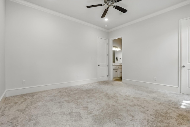 5400 Montgomery Rd, Little Rock, AR 72223 - unfurnished bedroom with ornamental molding, carpet floors, baseboards, ensuite bathroom, and a ceiling fan