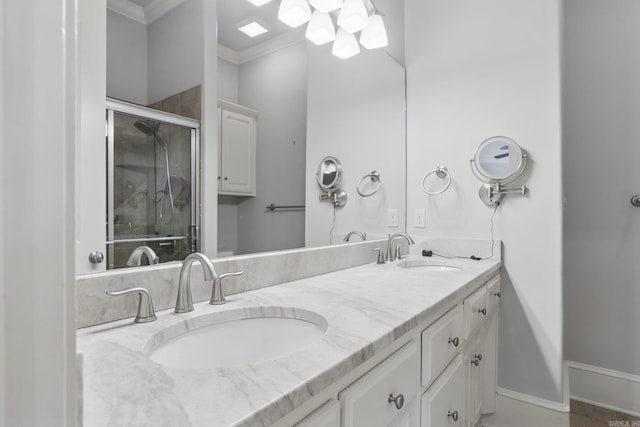 5400 Montgomery Rd, Little Rock, AR 72223 - bathroom with ornamental molding, a stall shower, and double vanity