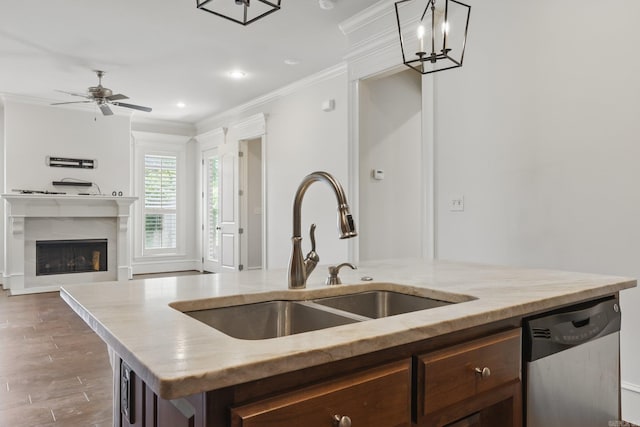 5400 Montgomery Rd, Little Rock, AR 72223 - kitchen featuring a sink, stainless steel dishwasher, open floor plan, crown molding, and dark brown cabinetry